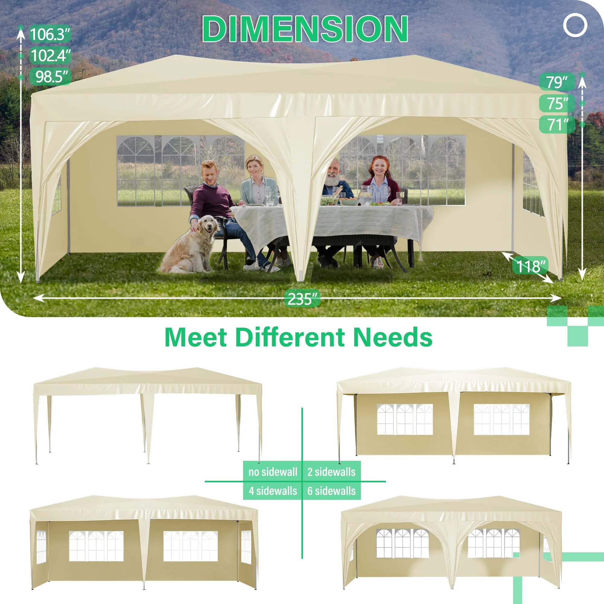 10'x20' Pop Up Canopy Tent with 6 Sidewalls, Ez Pop Up Outdoor Canopy for Parties, Waterproof Commercial Tent with 3 Adjustable Heights, Carry Bag, 6 Sand Bags, 6 Ropes and 12 Stakes, Beige