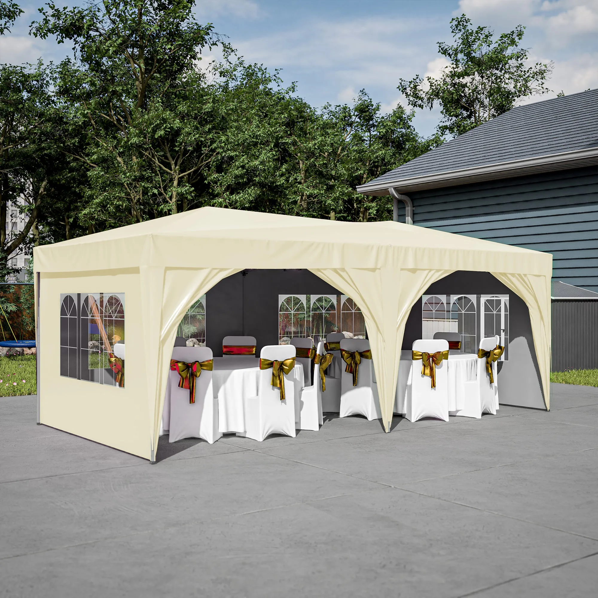 10'x20' Pop Up Canopy Tent with 6 Sidewalls, Ez Pop Up Outdoor Canopy for Parties, Waterproof Commercial Tent with 3 Adjustable Heights, Carry Bag, 6 Sand Bags, 6 Ropes and 12 Stakes, Beige