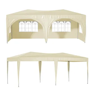 10'x20' Pop Up Canopy Tent with 6 Sidewalls, Ez Pop Up Outdoor Canopy for Parties, Waterproof Commercial Tent with 3 Adjustable Heights, Carry Bag, 6 Sand Bags, 6 Ropes and 12 Stakes, Beige