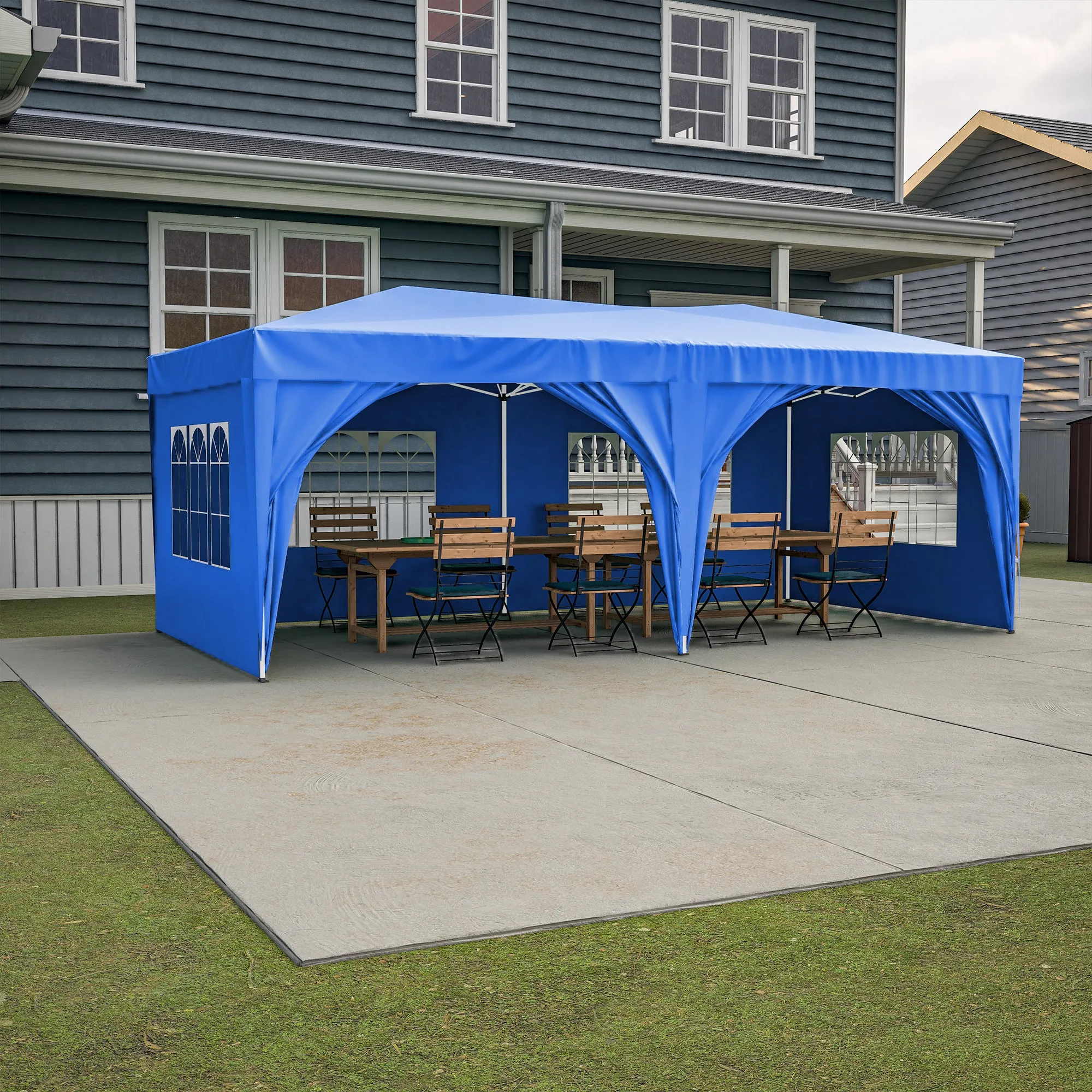 10'x20' Pop Up Canopy Tent with 6 Sidewalls, Ez Pop Up Outdoor Canopy for Parties, Waterproof Commercial Tent with 3 Adjustable Heights, Carry Bag, 6 Sand Bags, 6 Ropes and 12 Stakes, Blue