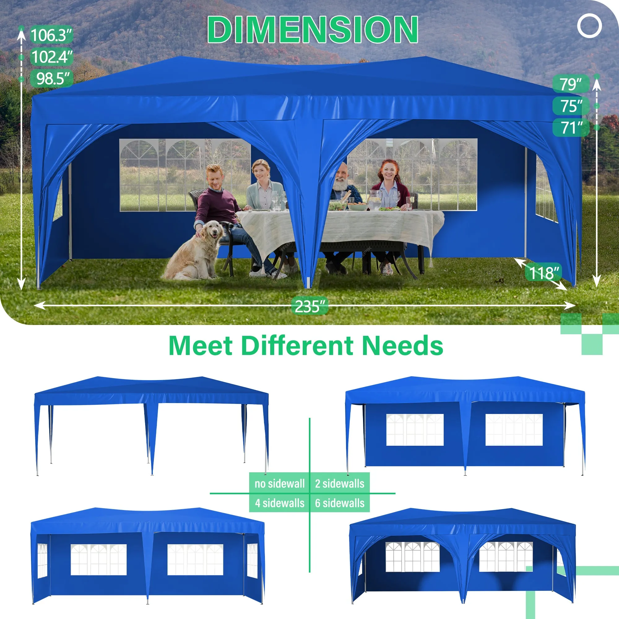 10'x20' Pop Up Canopy Tent with 6 Sidewalls, Ez Pop Up Outdoor Canopy for Parties, Waterproof Commercial Tent with 3 Adjustable Heights, Carry Bag, 6 Sand Bags, 6 Ropes and 12 Stakes, Blue