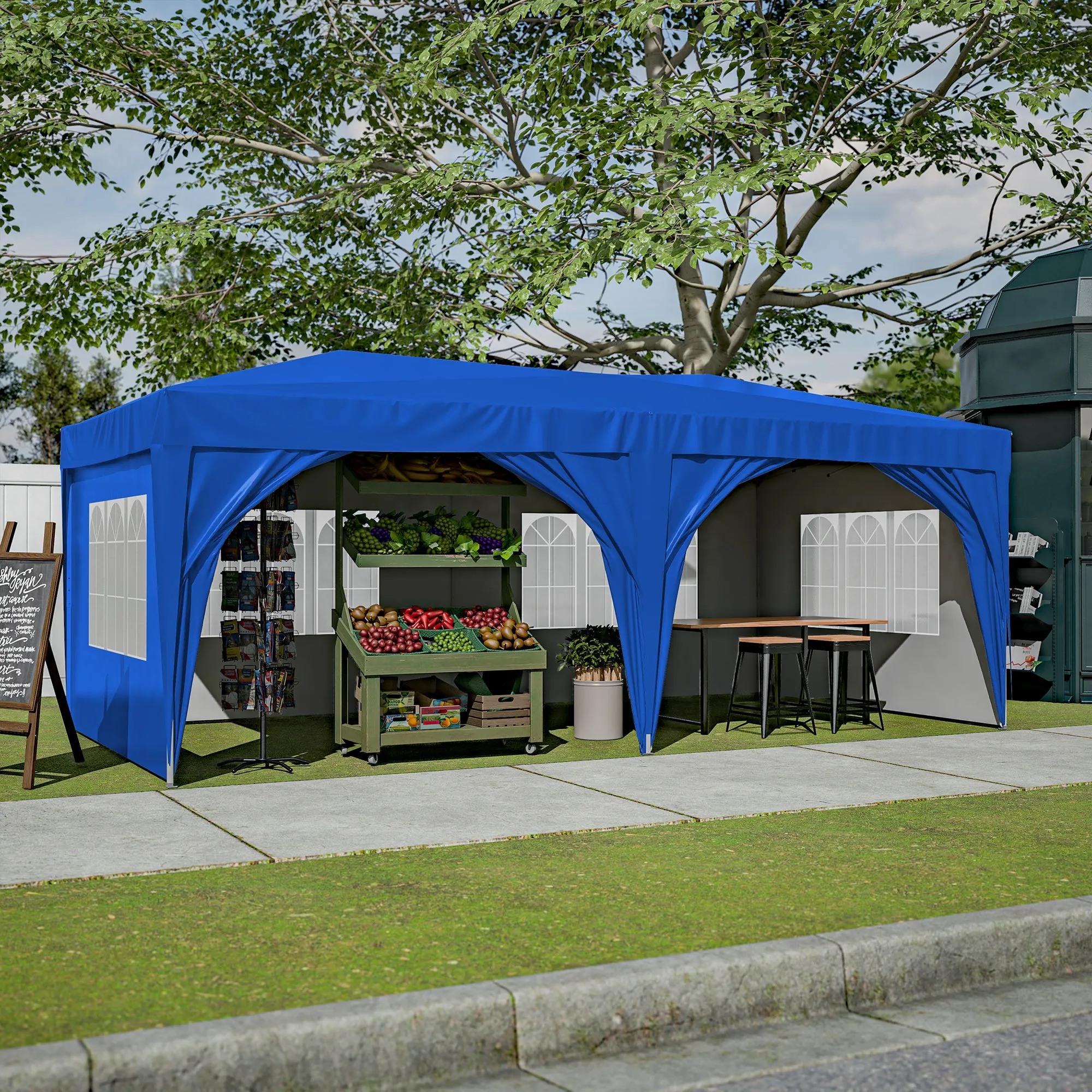 10'x20' Pop Up Canopy Tent with 6 Sidewalls, Ez Pop Up Outdoor Canopy for Parties, Waterproof Commercial Tent with 3 Adjustable Heights, Carry Bag, 6 Sand Bags, 6 Ropes and 12 Stakes, Blue