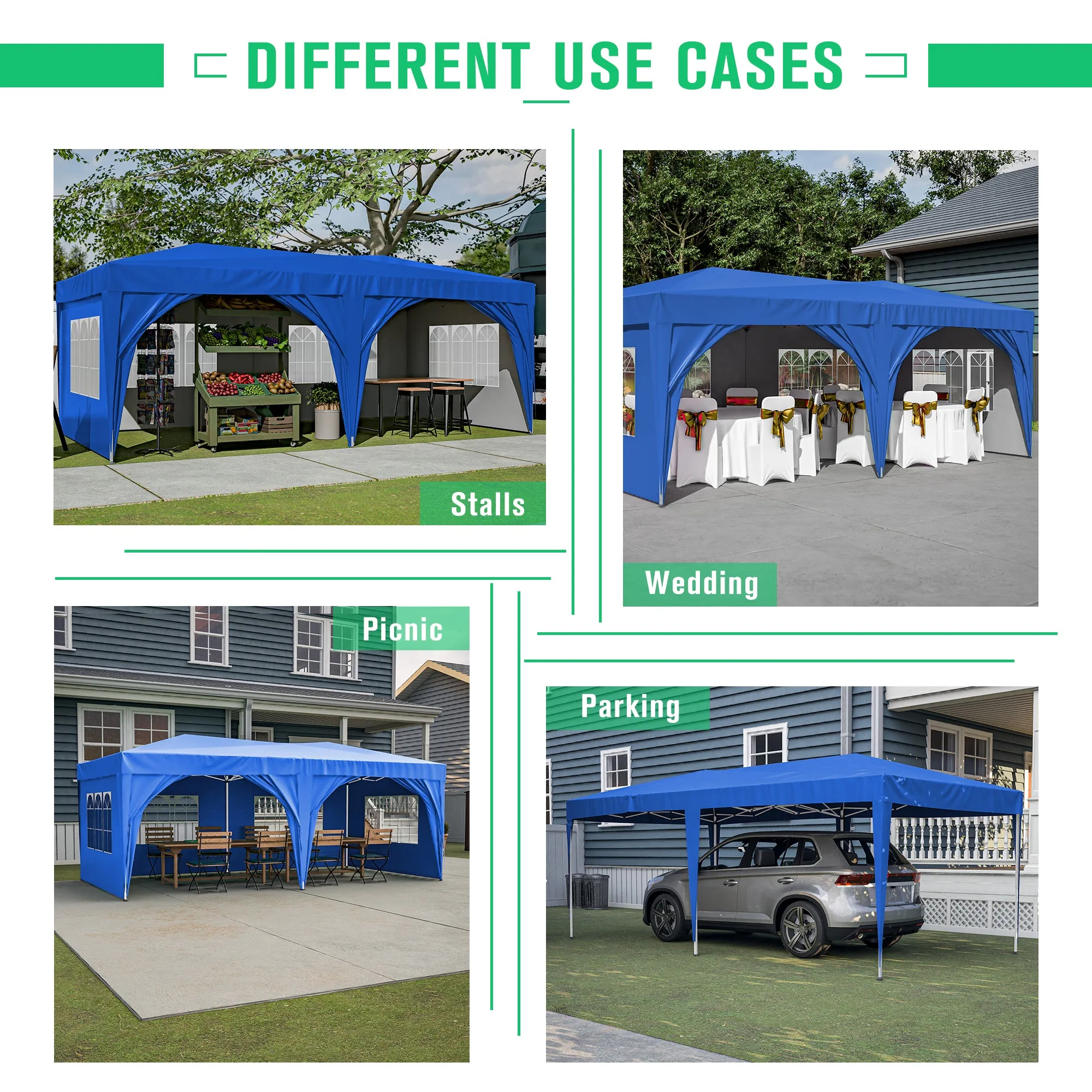 10'x20' Pop Up Canopy Tent with 6 Sidewalls, Ez Pop Up Outdoor Canopy for Parties, Waterproof Commercial Tent with 3 Adjustable Heights, Carry Bag, 6 Sand Bags, 6 Ropes and 12 Stakes, Blue