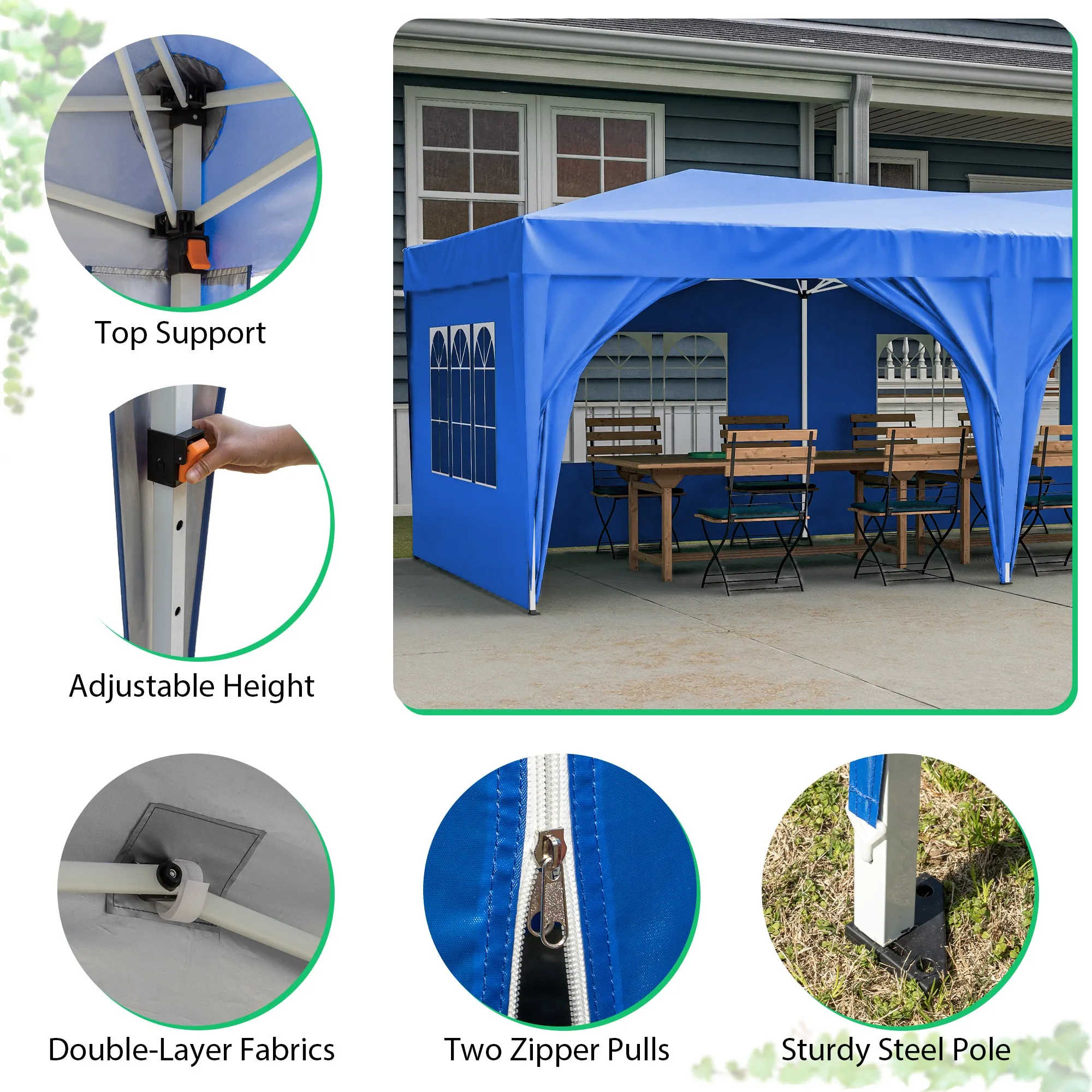 10'x20' Pop Up Canopy Tent with 6 Sidewalls, Ez Pop Up Outdoor Canopy for Parties, Waterproof Commercial Tent with 3 Adjustable Heights, Carry Bag, 6 Sand Bags, 6 Ropes and 12 Stakes, Blue