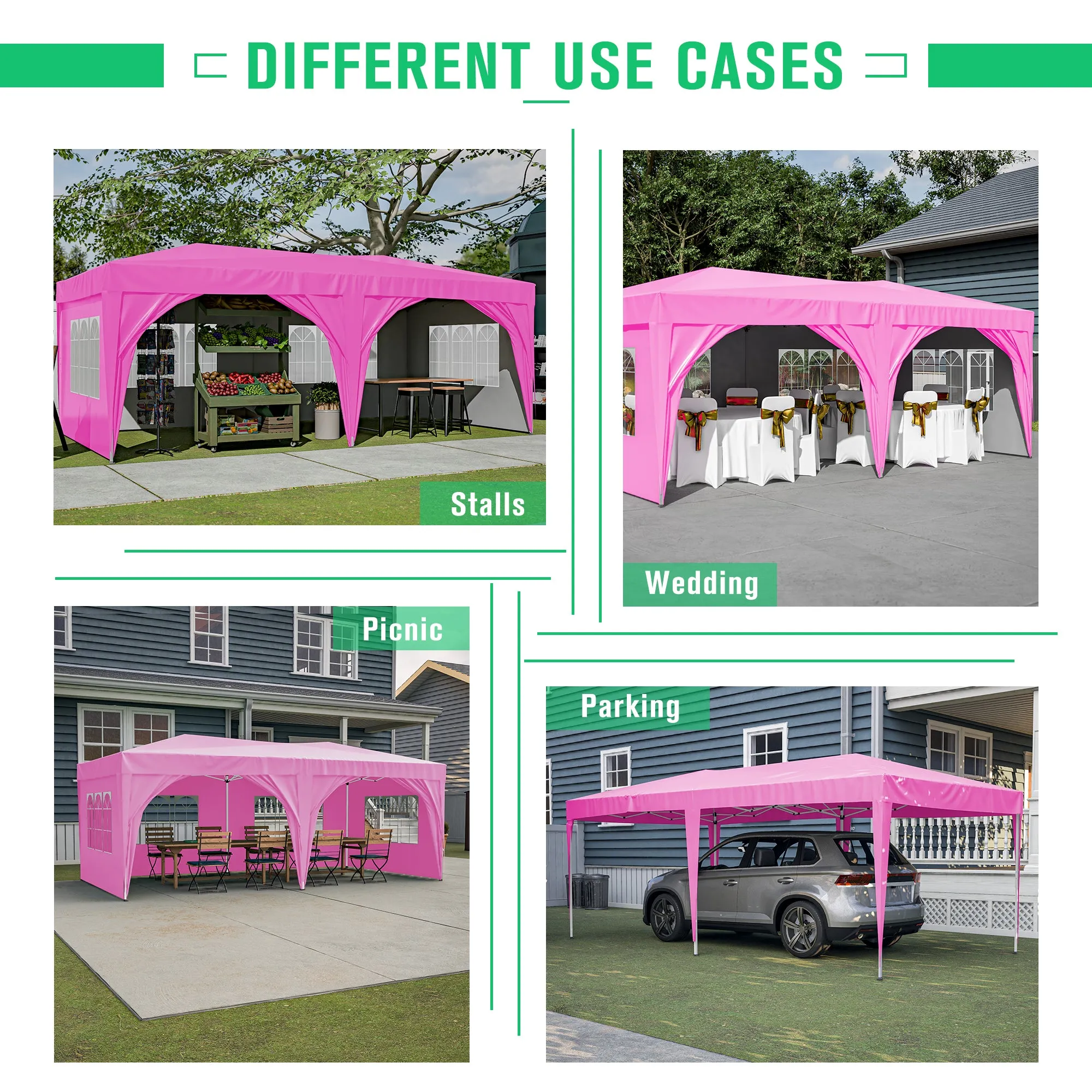 10'x20' Pop Up Canopy Tent with 6 Sidewalls, Ez Pop Up Outdoor Canopy for Parties, Waterproof Commercial Tent with 3 Adjustable Heights, Carry Bag, 6 Sand Bags, 6 Ropes and 12 Stakes, Pink