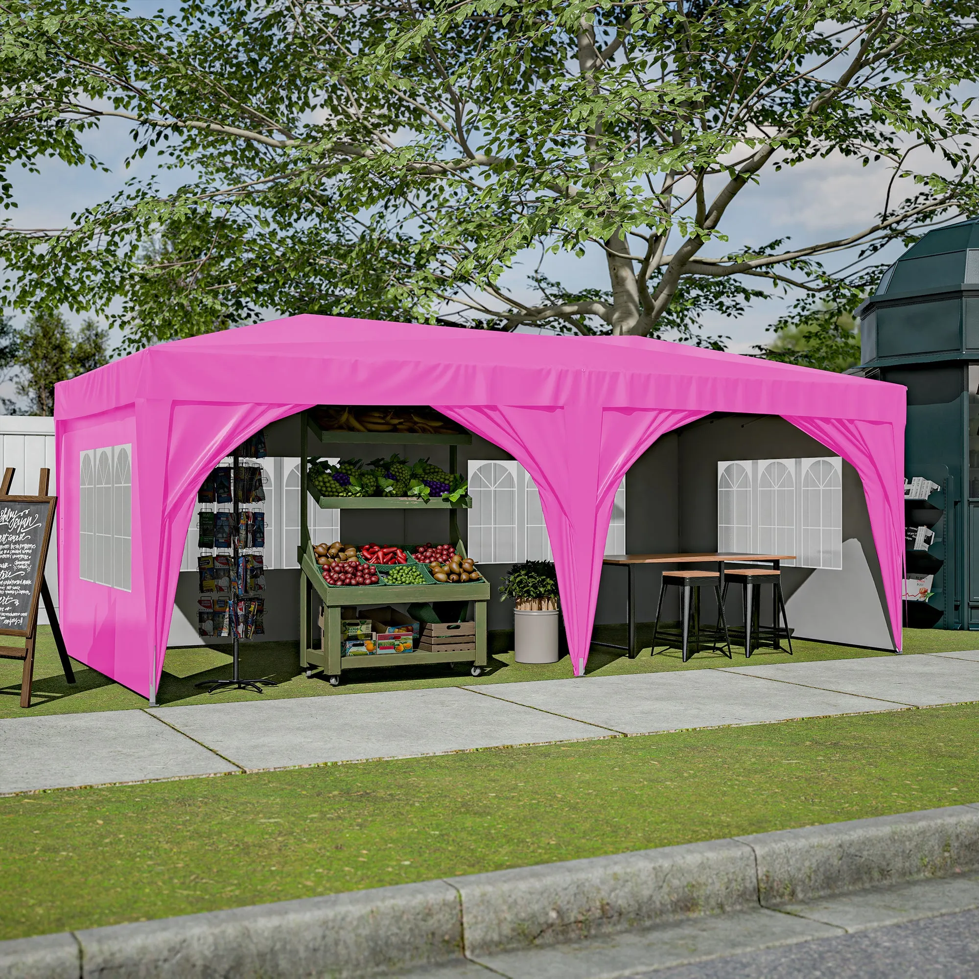 10'x20' Pop Up Canopy Tent with 6 Sidewalls, Ez Pop Up Outdoor Canopy for Parties, Waterproof Commercial Tent with 3 Adjustable Heights, Carry Bag, 6 Sand Bags, 6 Ropes and 12 Stakes, Pink