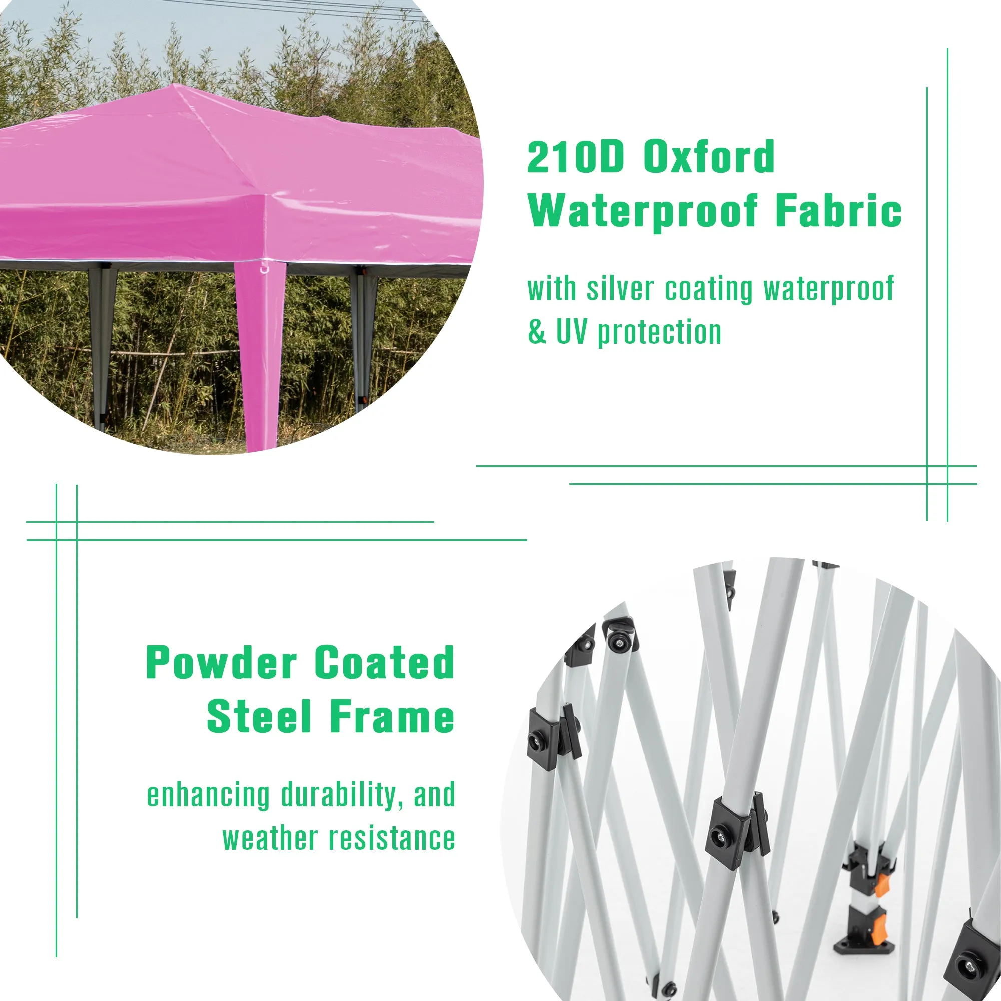 10'x20' Pop Up Canopy Tent with 6 Sidewalls, Ez Pop Up Outdoor Canopy for Parties, Waterproof Commercial Tent with 3 Adjustable Heights, Carry Bag, 6 Sand Bags, 6 Ropes and 12 Stakes, Pink