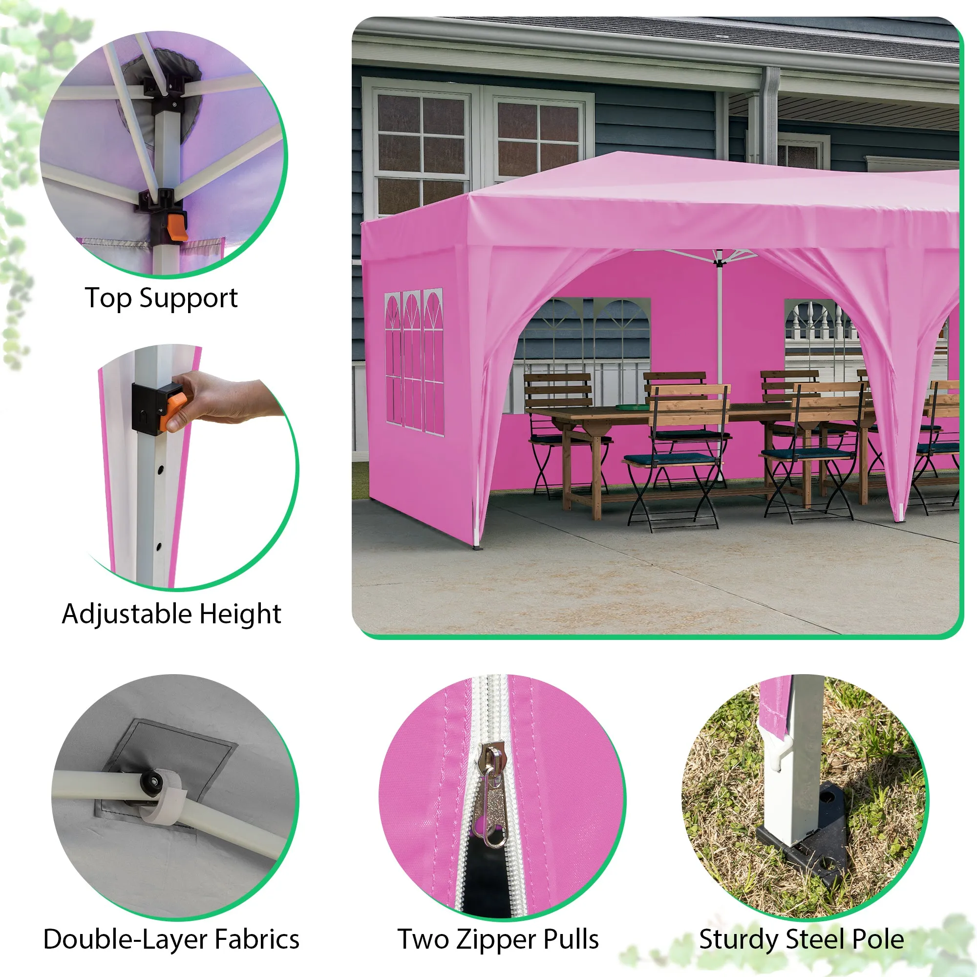 10'x20' Pop Up Canopy Tent with 6 Sidewalls, Ez Pop Up Outdoor Canopy for Parties, Waterproof Commercial Tent with 3 Adjustable Heights, Carry Bag, 6 Sand Bags, 6 Ropes and 12 Stakes, Pink