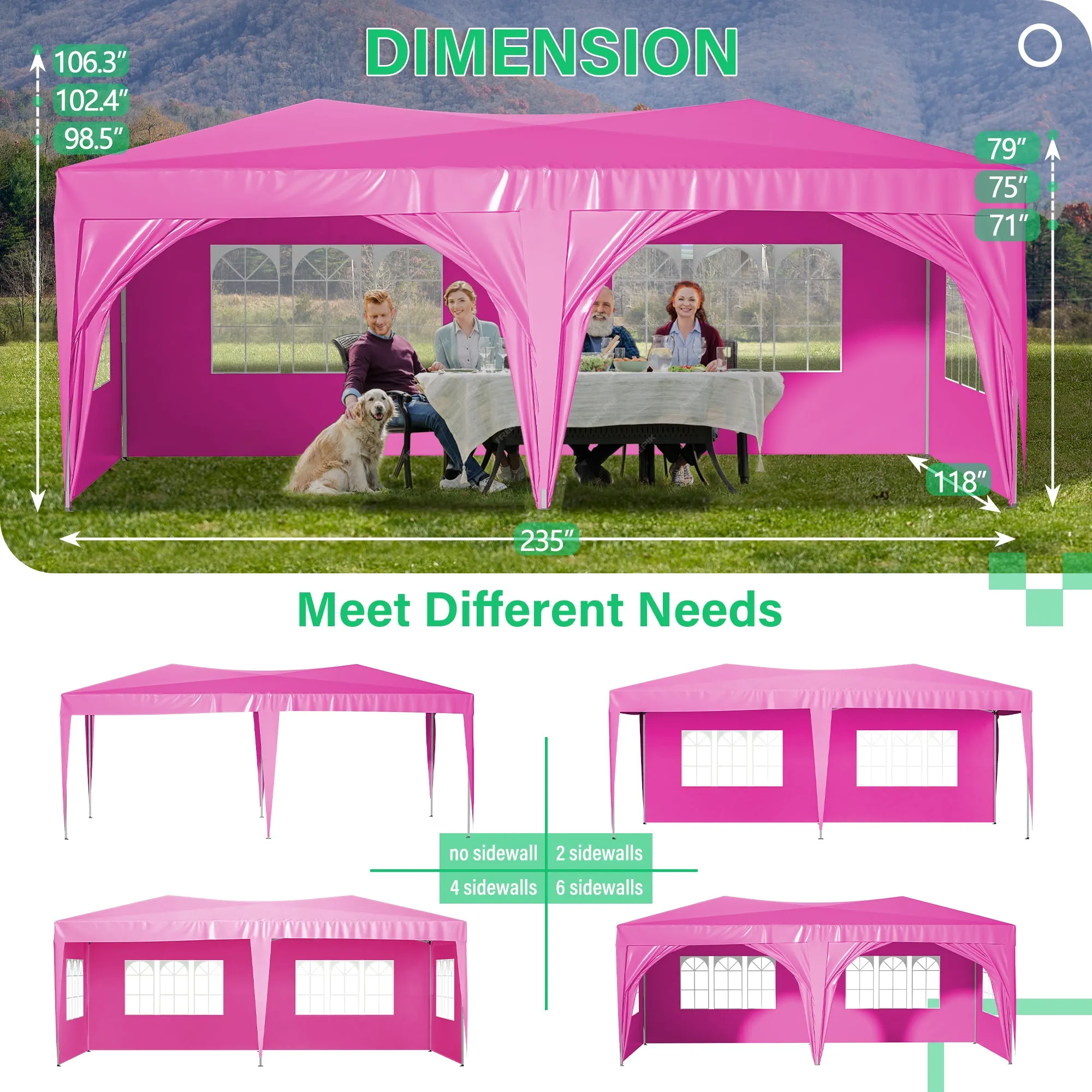 10'x20' Pop Up Canopy Tent with 6 Sidewalls, Ez Pop Up Outdoor Canopy for Parties, Waterproof Commercial Tent with 3 Adjustable Heights, Carry Bag, 6 Sand Bags, 6 Ropes and 12 Stakes, Pink