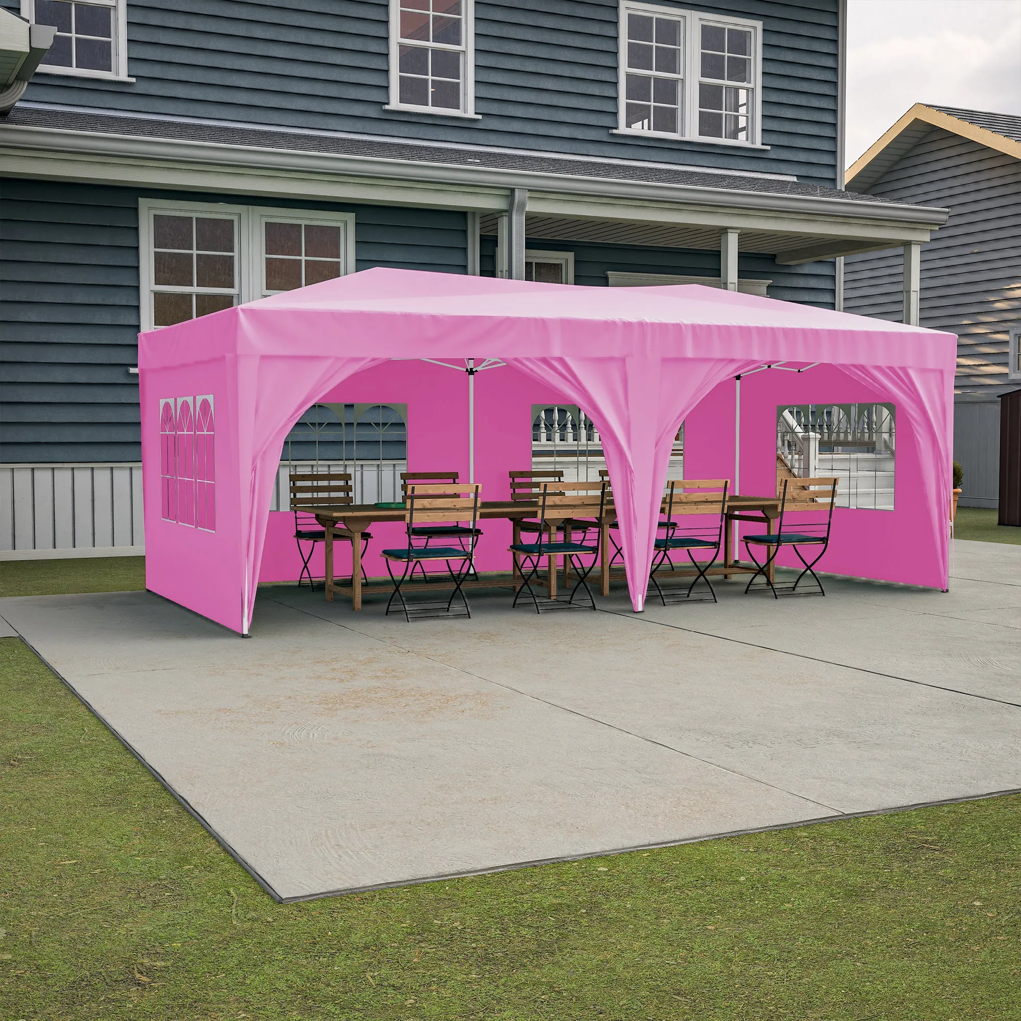 10'x20' Pop Up Canopy Tent with 6 Sidewalls, Ez Pop Up Outdoor Canopy for Parties, Waterproof Commercial Tent with 3 Adjustable Heights, Carry Bag, 6 Sand Bags, 6 Ropes and 12 Stakes, Pink