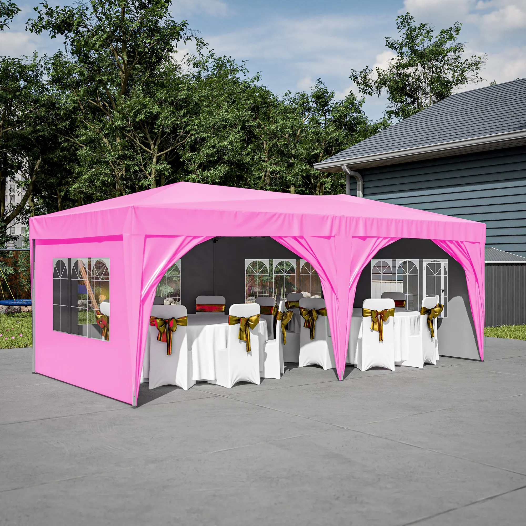 10'x20' Pop Up Canopy Tent with 6 Sidewalls, Ez Pop Up Outdoor Canopy for Parties, Waterproof Commercial Tent with 3 Adjustable Heights, Carry Bag, 6 Sand Bags, 6 Ropes and 12 Stakes, Pink