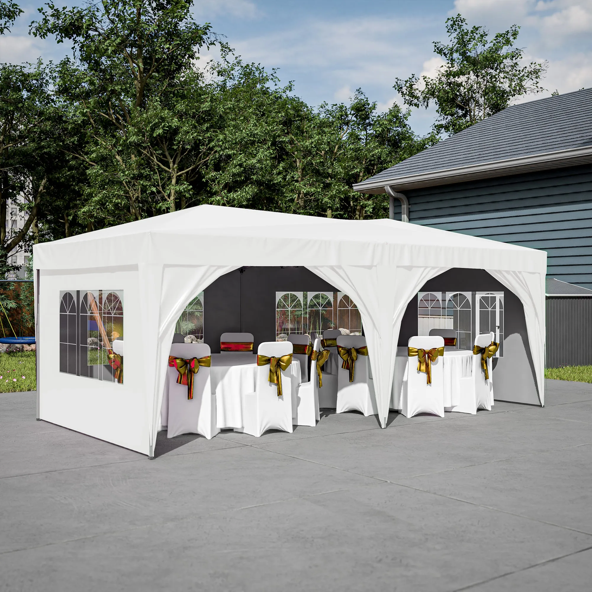 10'x20' Pop Up Canopy Tent with 6 Sidewalls, Ez Pop Up Outdoor Canopy for Parties, Waterproof Commercial Tent with 3 Adjustable Heights, Carry Bag, 6 Sand Bags, 6 Ropes and 12 Stakes, White