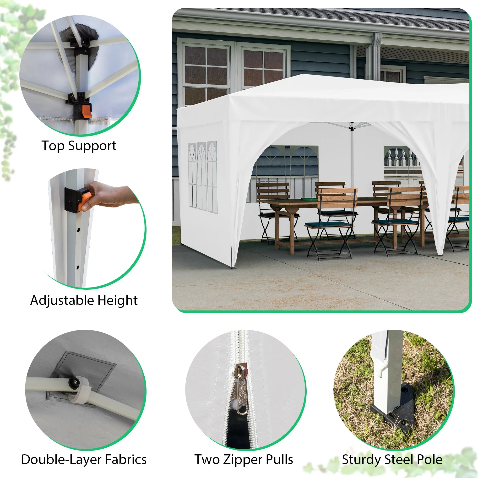 10'x20' Pop Up Canopy Tent with 6 Sidewalls, Ez Pop Up Outdoor Canopy for Parties, Waterproof Commercial Tent with 3 Adjustable Heights, Carry Bag, 6 Sand Bags, 6 Ropes and 12 Stakes, White