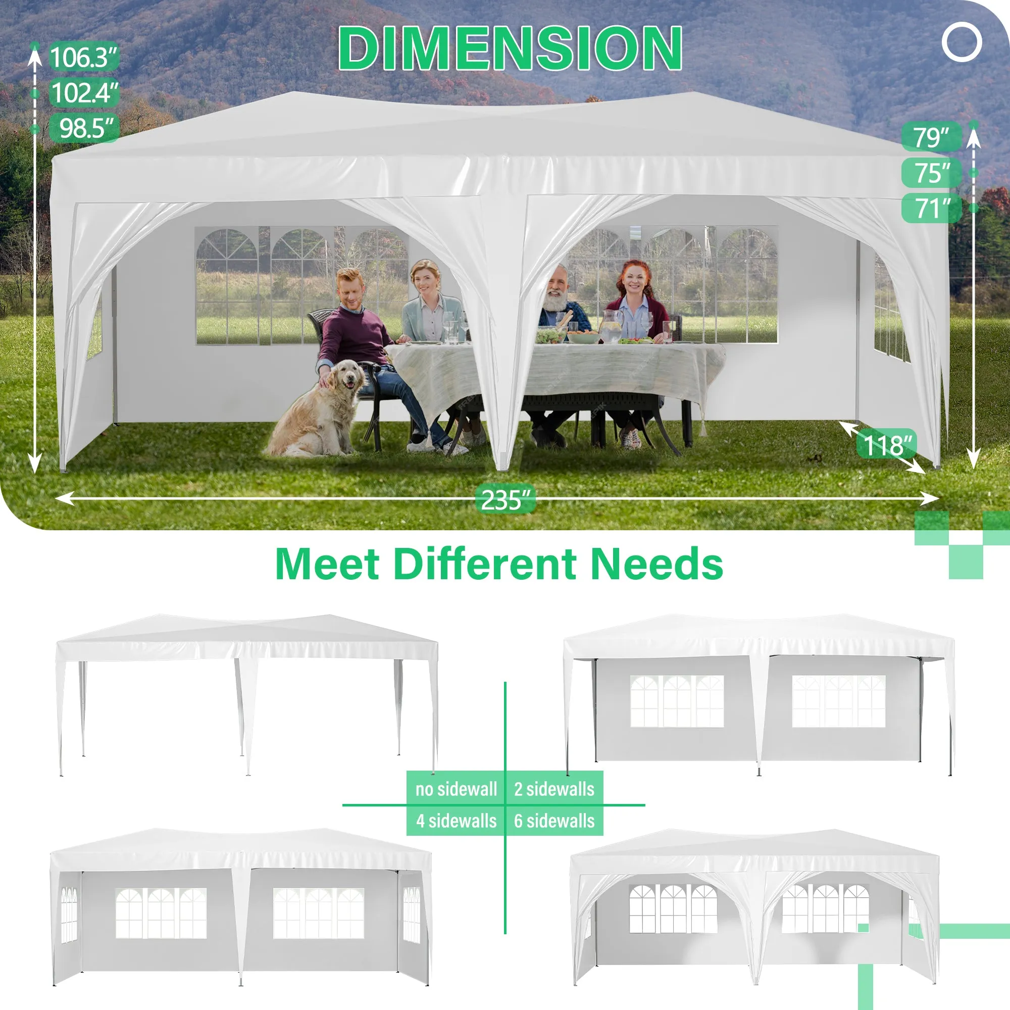 10'x20' Pop Up Canopy Tent with 6 Sidewalls, Ez Pop Up Outdoor Canopy for Parties, Waterproof Commercial Tent with 3 Adjustable Heights, Carry Bag, 6 Sand Bags, 6 Ropes and 12 Stakes, White