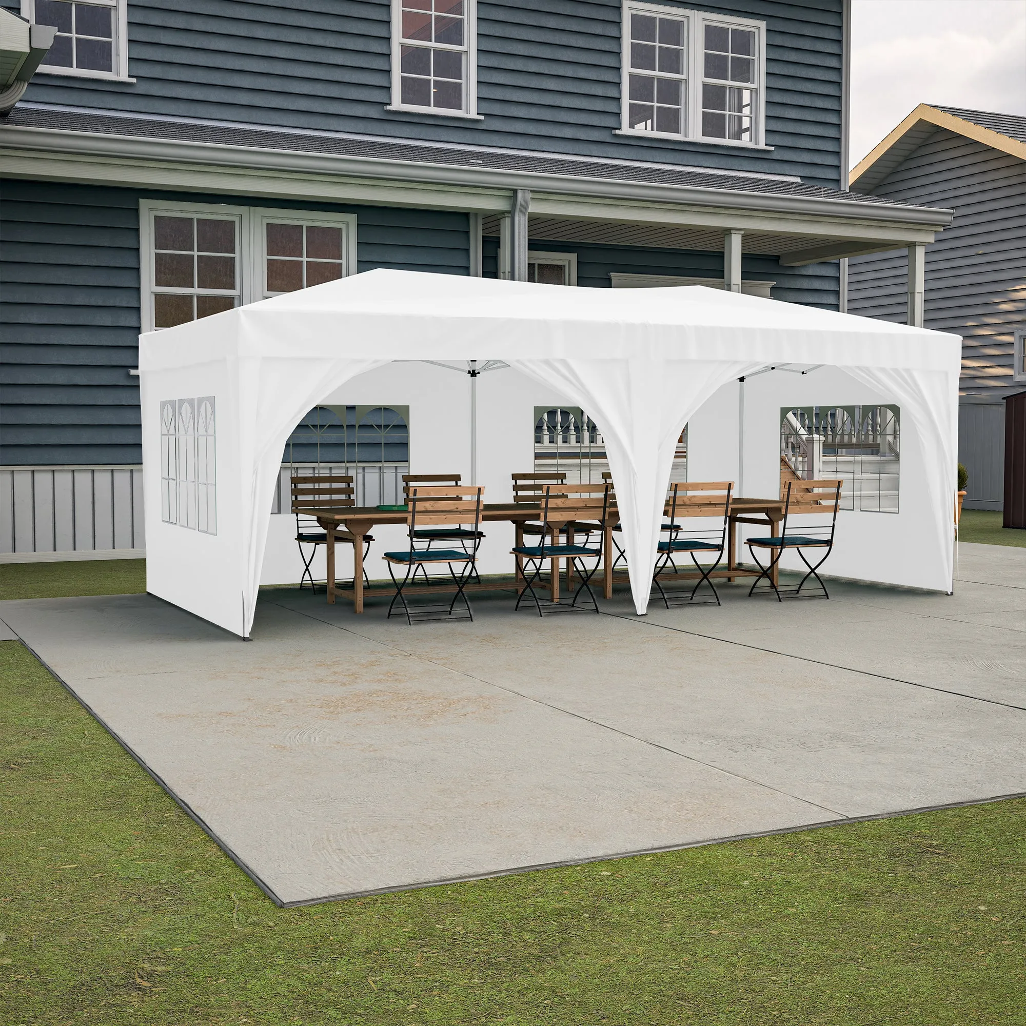 10'x20' Pop Up Canopy Tent with 6 Sidewalls, Ez Pop Up Outdoor Canopy for Parties, Waterproof Commercial Tent with 3 Adjustable Heights, Carry Bag, 6 Sand Bags, 6 Ropes and 12 Stakes, White