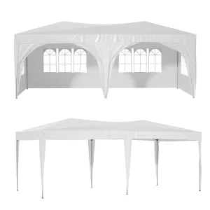 10'x20' Pop Up Canopy Tent with 6 Sidewalls, Ez Pop Up Outdoor Canopy for Parties, Waterproof Commercial Tent with 3 Adjustable Heights, Carry Bag, 6 Sand Bags, 6 Ropes and 12 Stakes, White