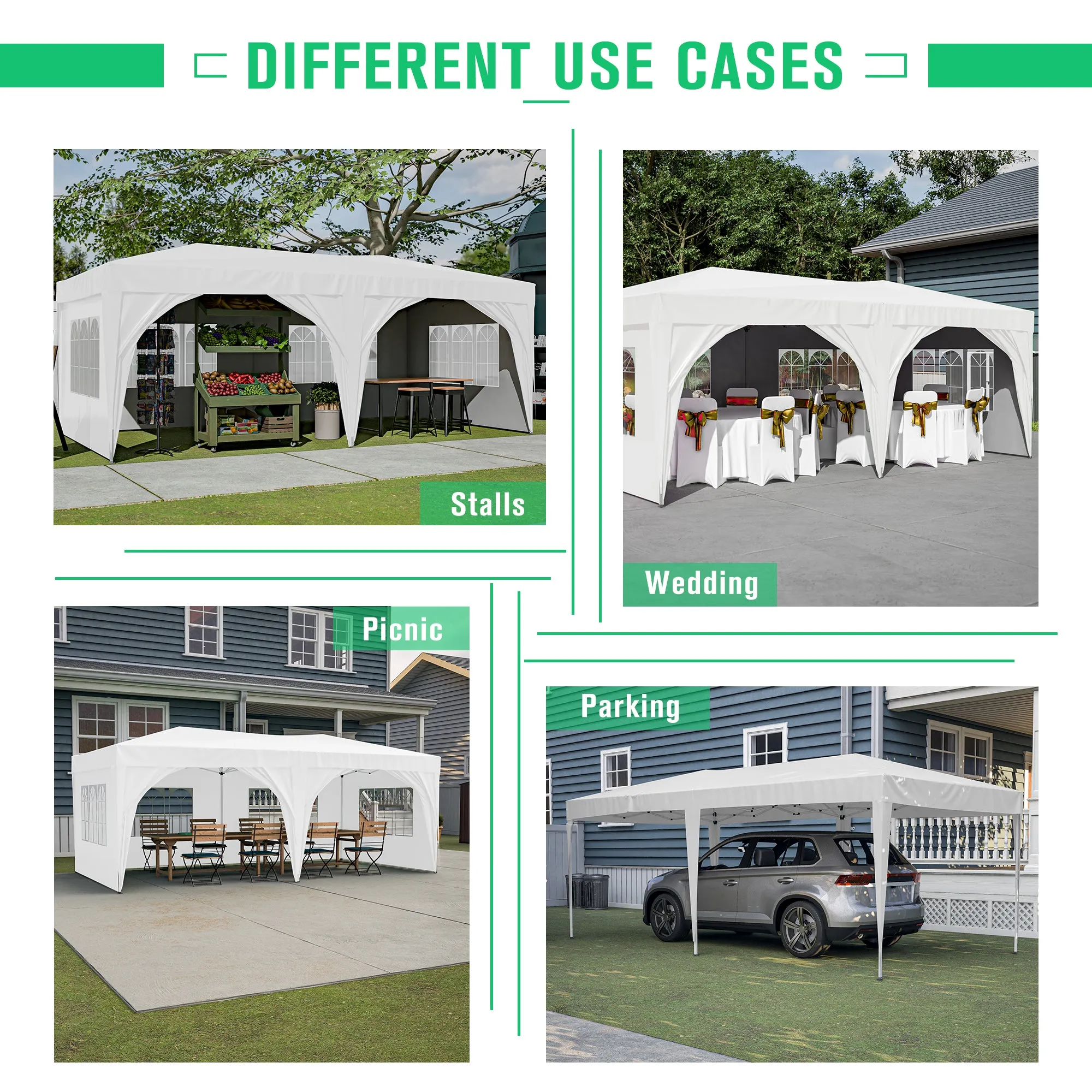 10'x20' Pop Up Canopy Tent with 6 Sidewalls, Ez Pop Up Outdoor Canopy for Parties, Waterproof Commercial Tent with 3 Adjustable Heights, Carry Bag, 6 Sand Bags, 6 Ropes and 12 Stakes, White