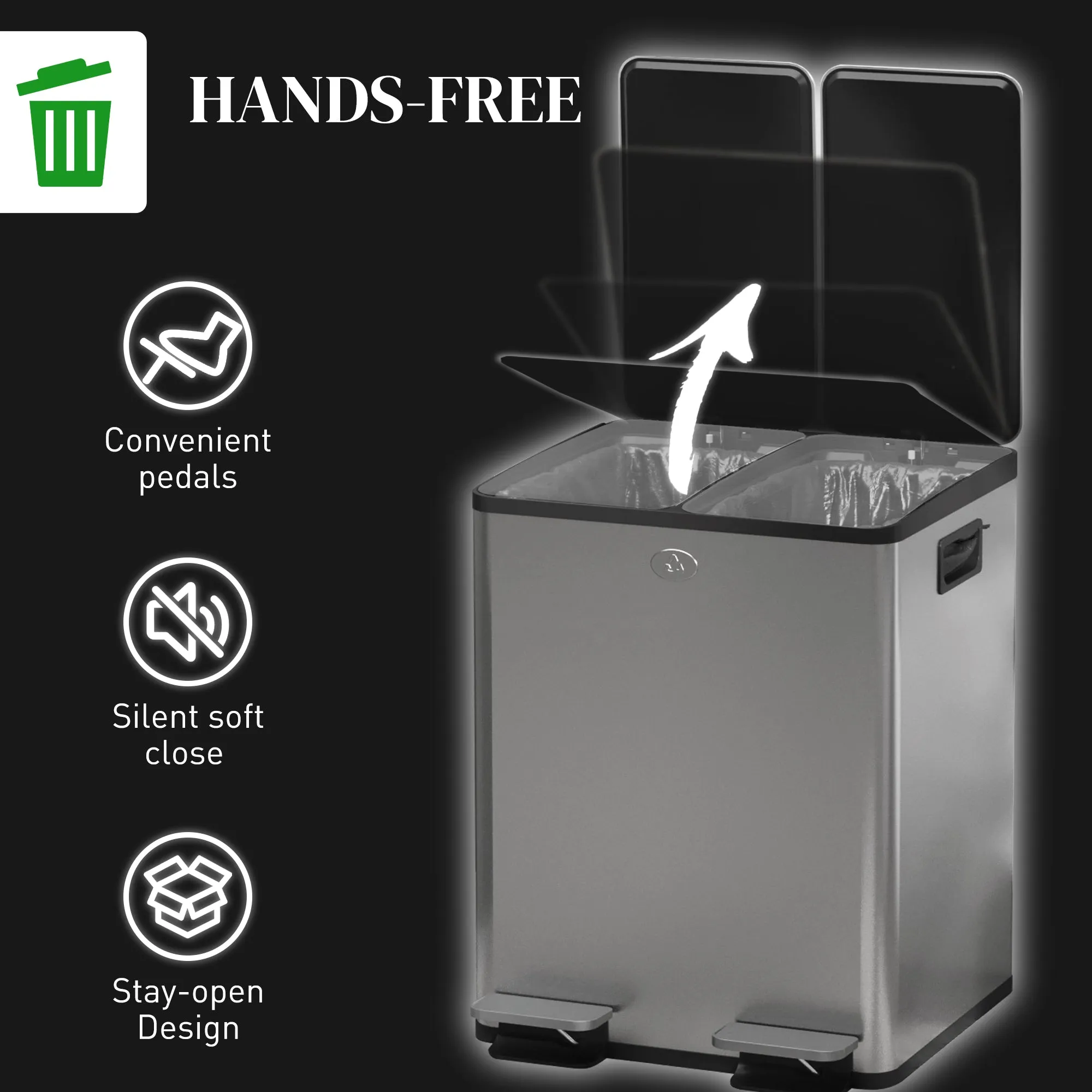 2 x 20L Dual Kitchen Bin Pedal Bin for Recycling and Waste, Silver