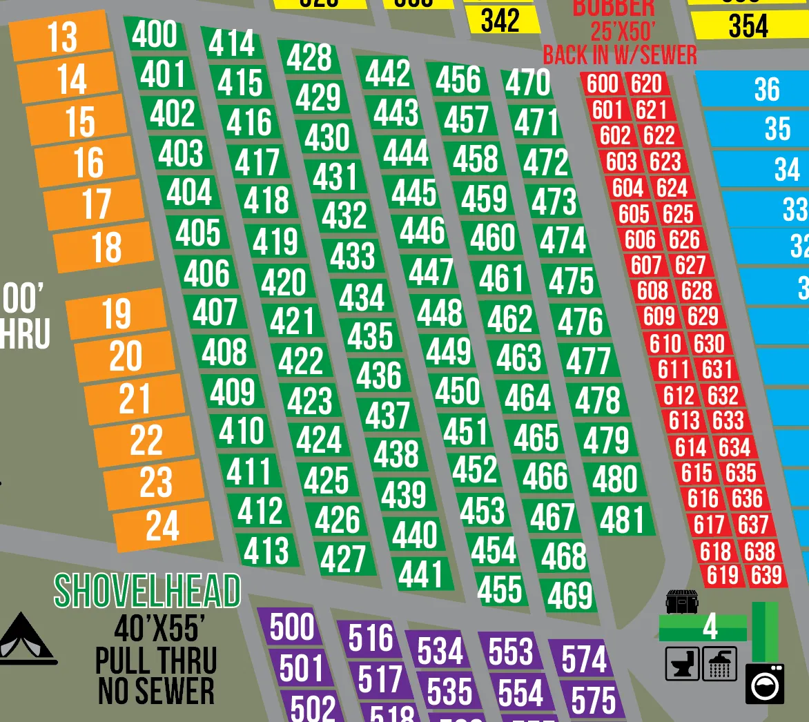 2025 Shovel Head RV Park (40' X 55') - PULL THROUGH SITES 400- 481