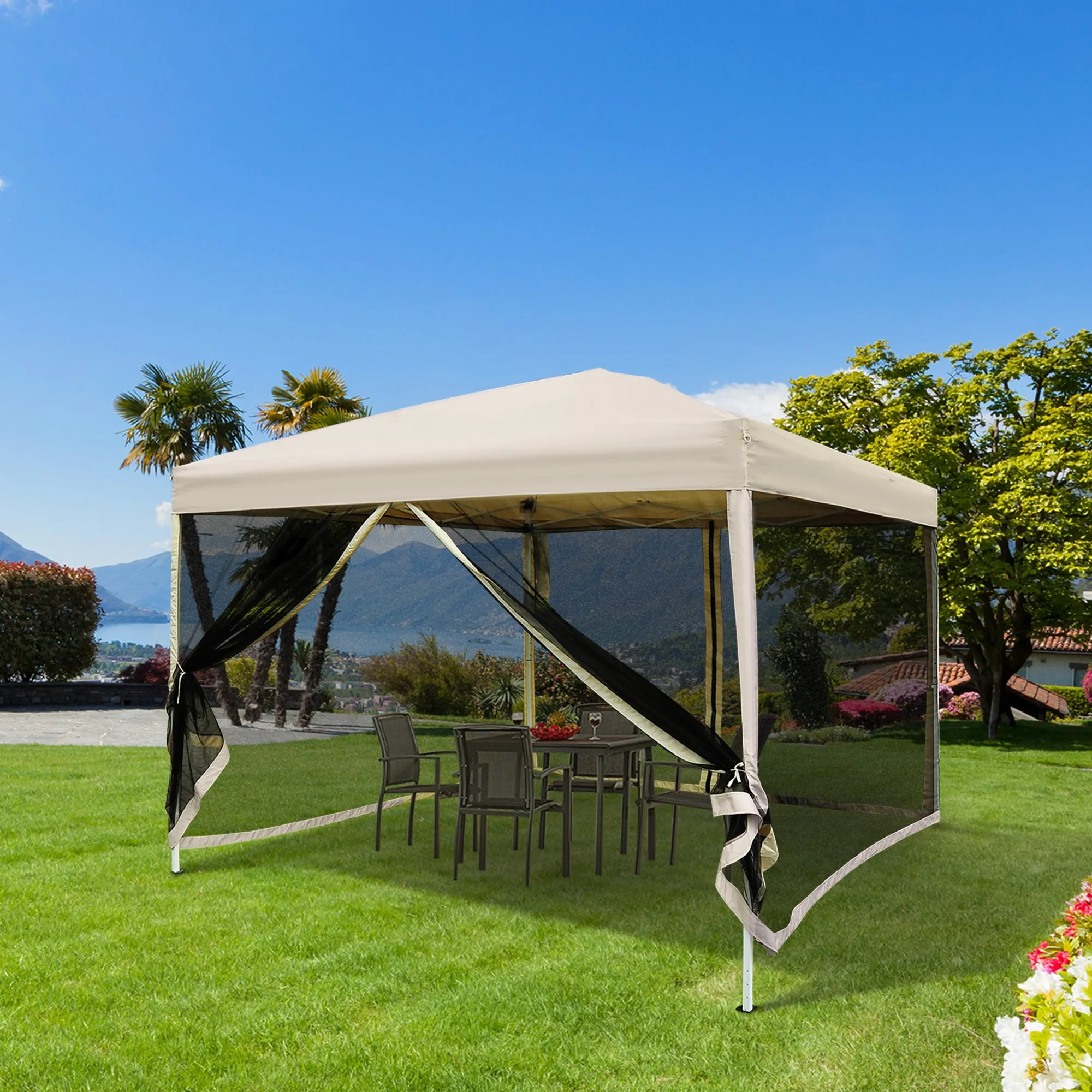 210D Oxford 10' x 10' Pop Up Canopy Tent with Netting, Instant Screen Room House, Tents for Parties, Height Adjustable, with Carry Bag, for Outdoor, Garden, Patio