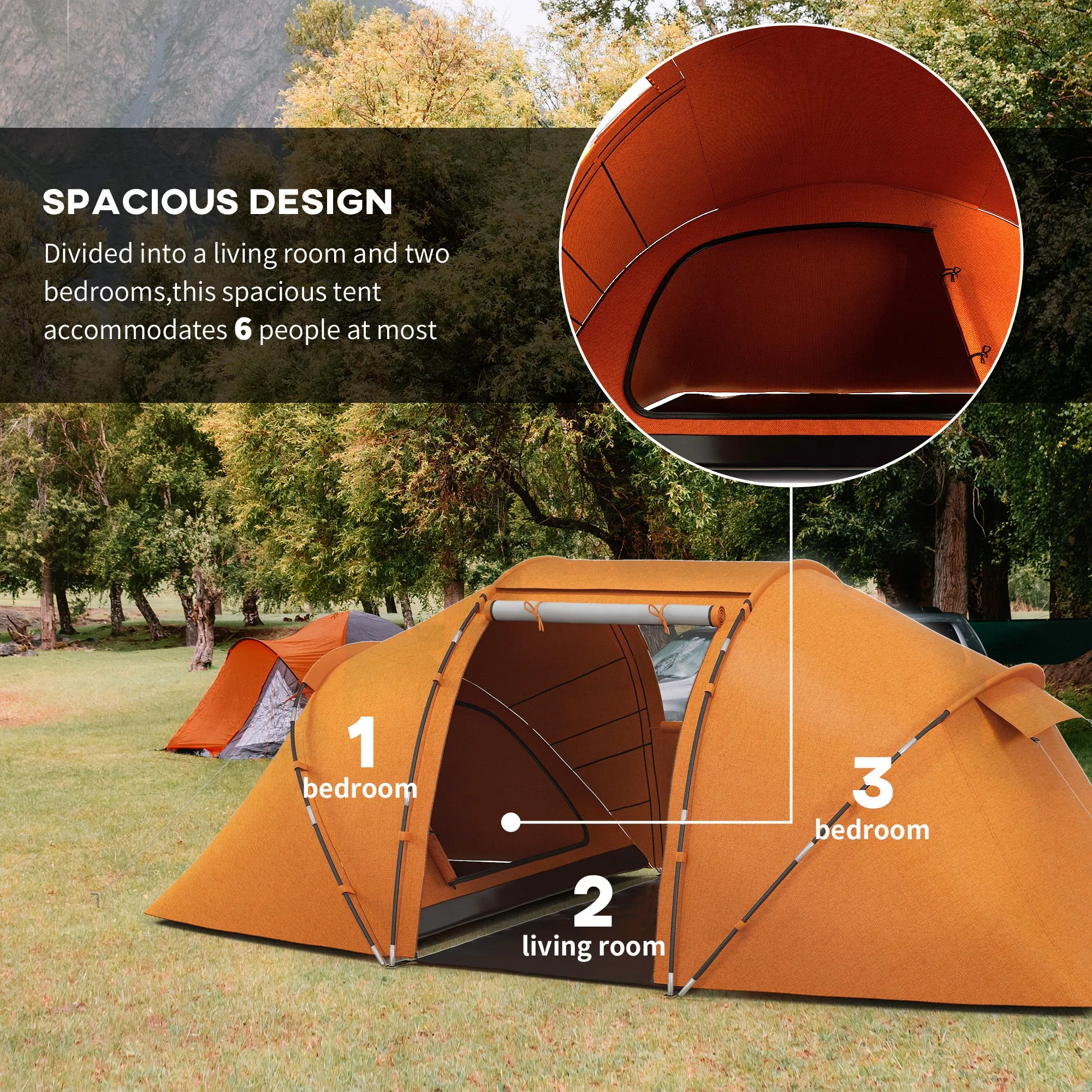 4-6 Man Camping Tent w/ Two Bedroom, Hiking Sun Shelter, UV Protection Tunnel Tent, Orange