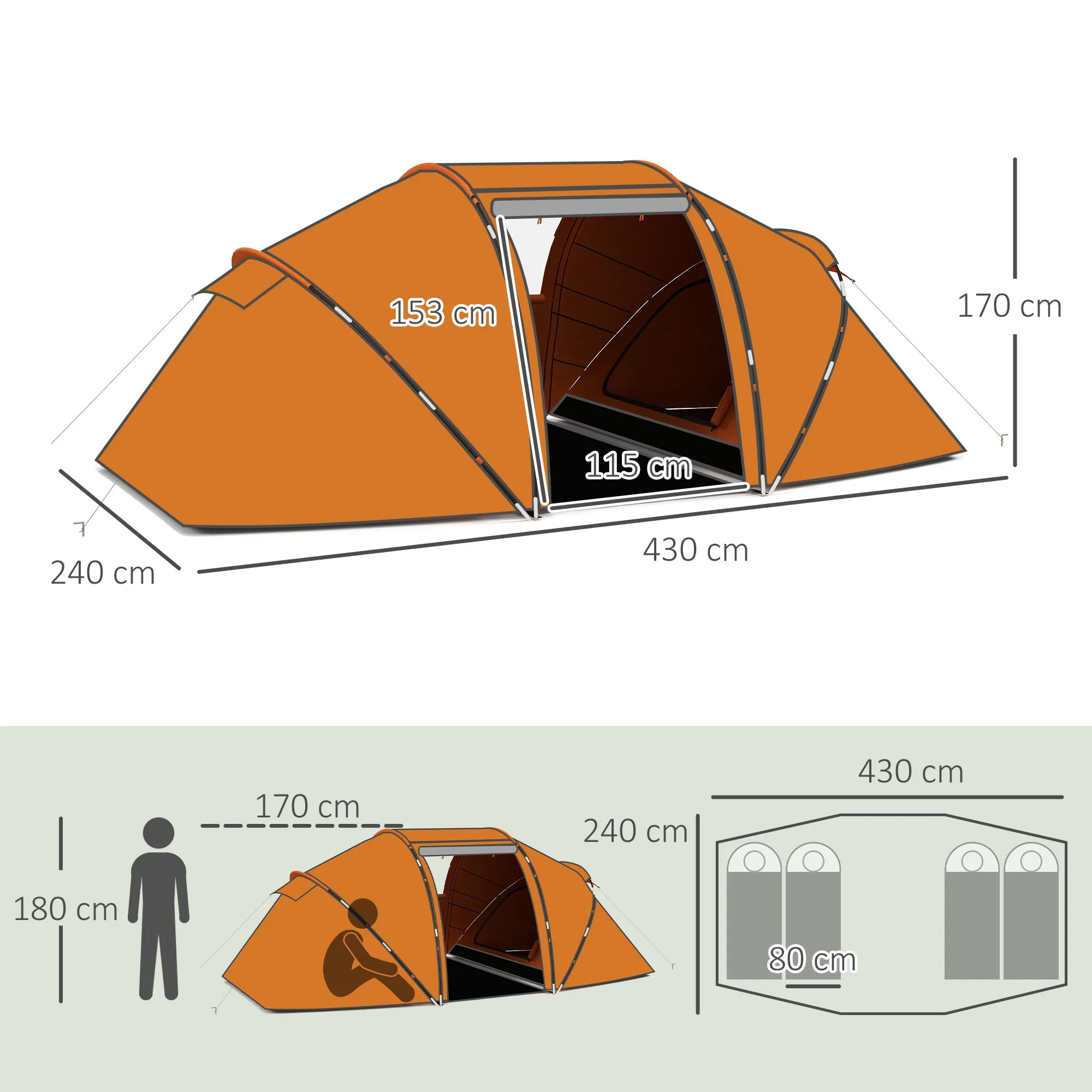 4-6 Man Camping Tent w/ Two Bedroom, Hiking Sun Shelter, UV Protection Tunnel Tent, Orange