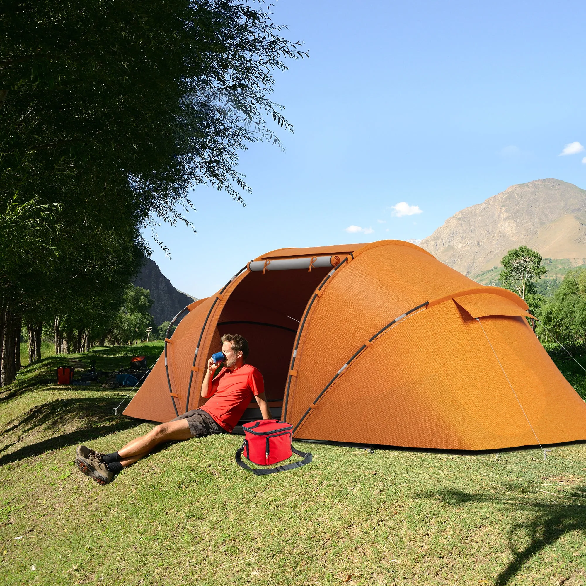 4-6 Man Camping Tent w/ Two Bedroom, Hiking Sun Shelter, UV Protection Tunnel Tent, Orange