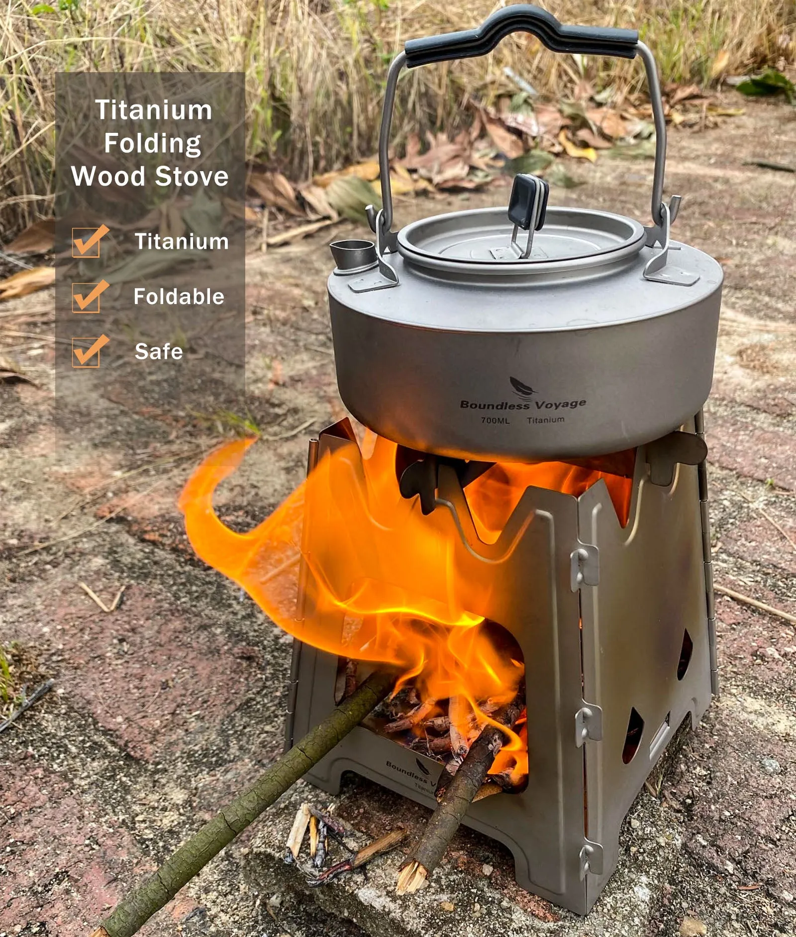 Boundless Voyage Outdoor Titanium Folding Wood Stove With Pot Bracket Camping Charcoal Burner Furnace