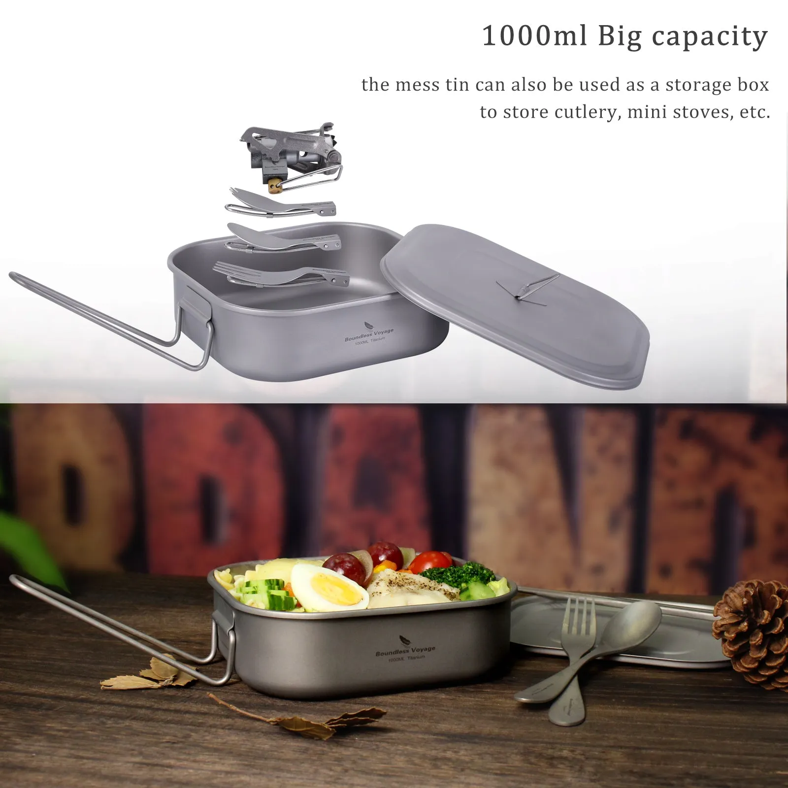 Boundless Voyage Outdoor Titanium Military Mess Tin with Lid Folding Handle Camping Bushcraft Cookware Lunch Box Bowl Pan 1000ml