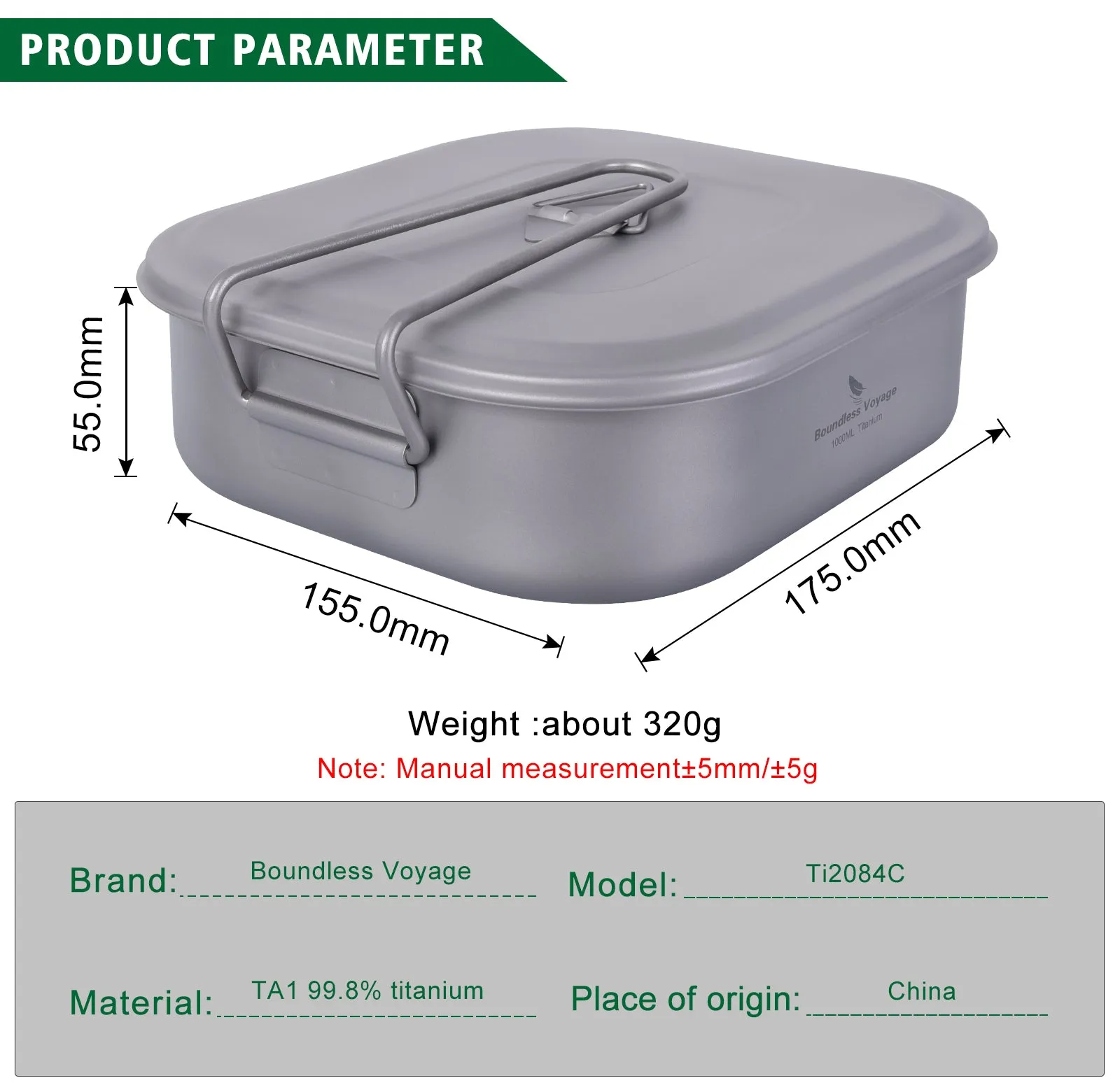 Boundless Voyage Outdoor Titanium Military Mess Tin with Lid Folding Handle Camping Bushcraft Cookware Lunch Box Bowl Pan 1000ml