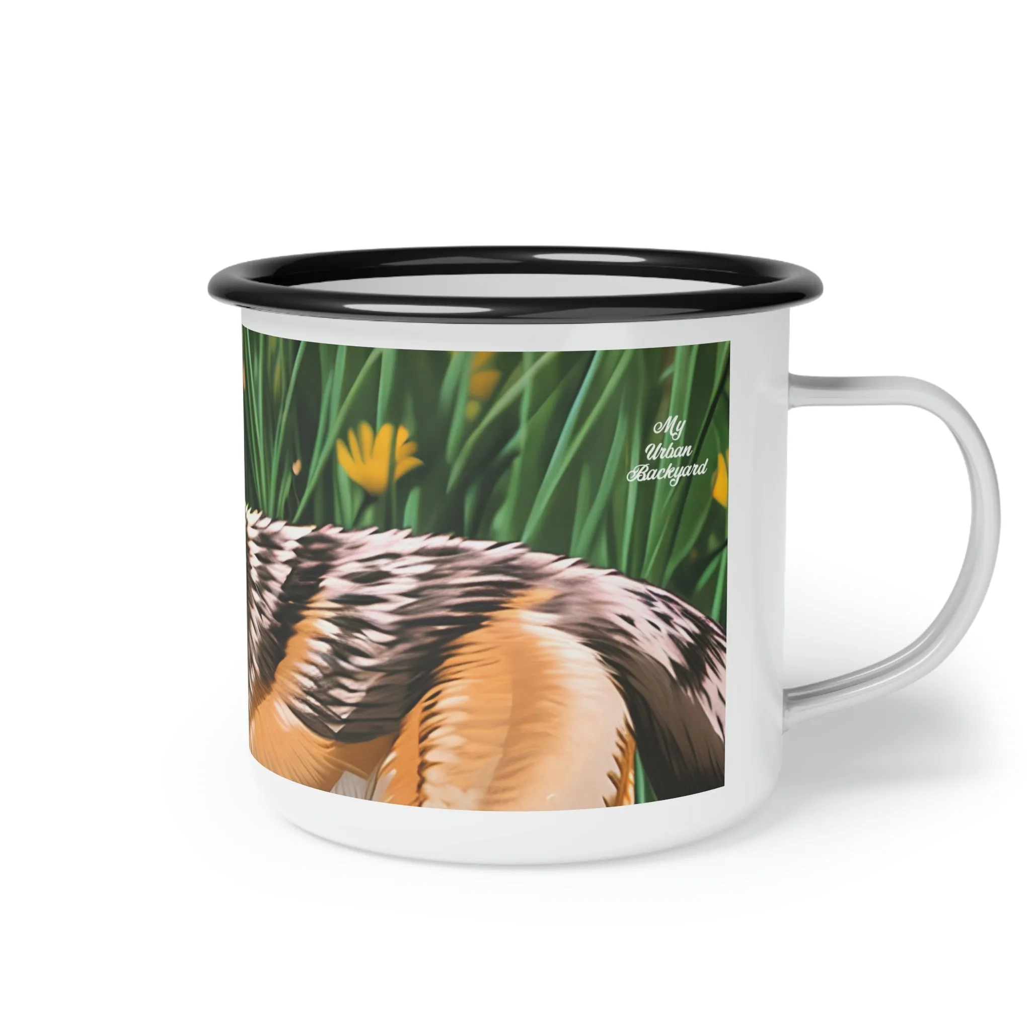 Coyote with Flowers, Enamel Camping Mug for Coffee, Tea, Cocoa, or Cereal - 12oz