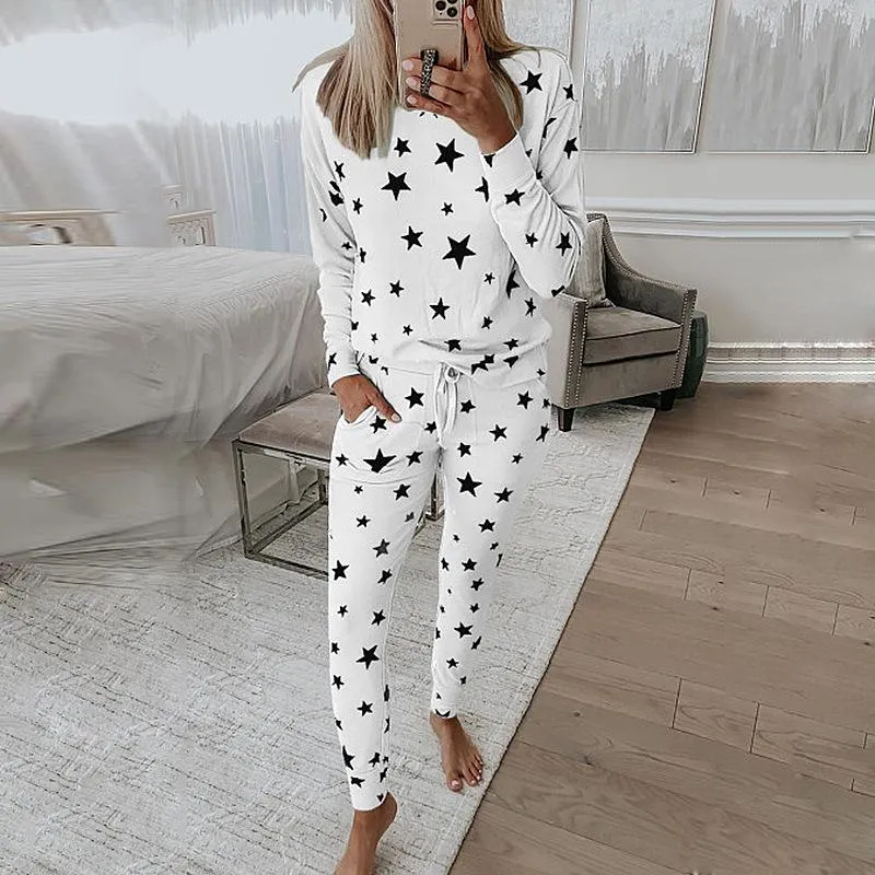 Fashion Star Pattern Long Sleeve Top Pants Women's Home Sleepwear Pajamas Set