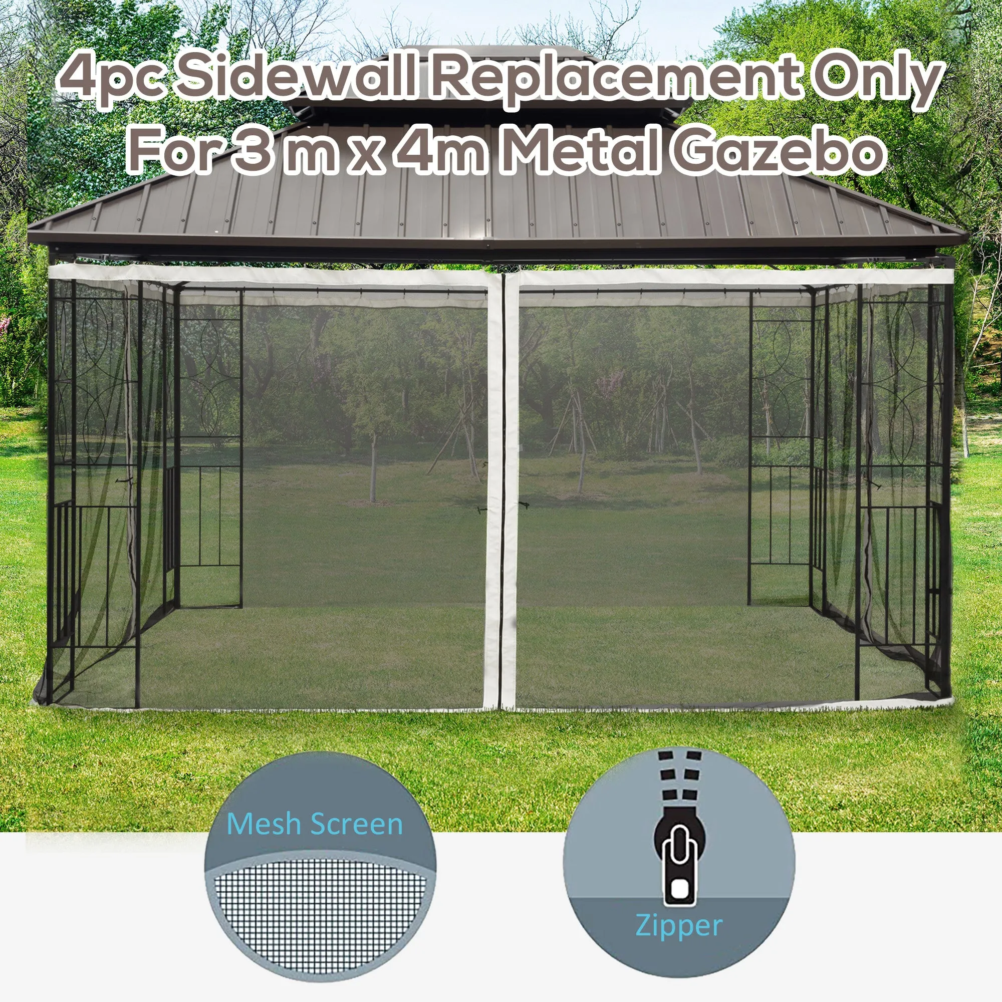 Outsunny 10' x 13' Replacement Mesh Sidewall Netting for Patio Gazebos and Canopy Tents with Zippers (Sidewall Only), Cream