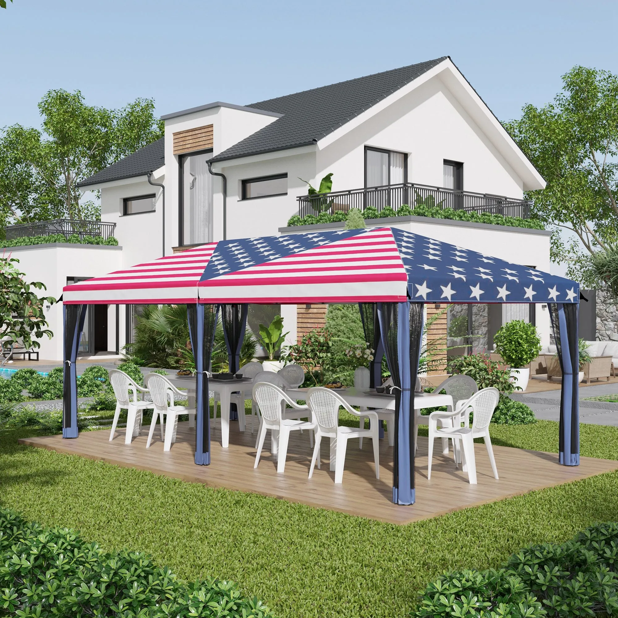 Outsunny 10' x 20' Pop Up Canopy Tent with Netting, Heavy Duty Instant Sun Shelter, Large Tents for Parties with Carry Bag for Outdoor, Garden, Patio, American Flag