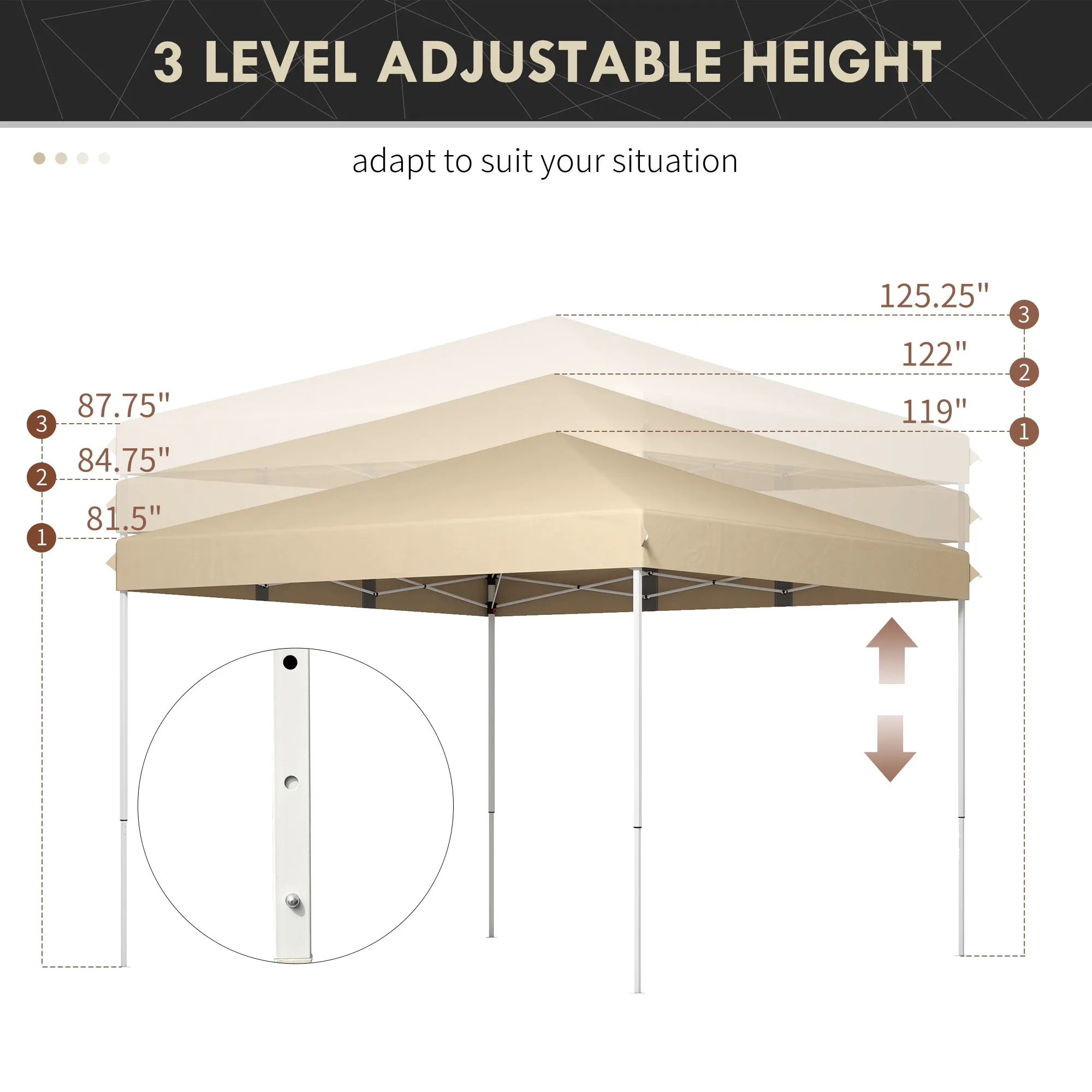 Outsunny 13' x 13' Pop Up Canopy Tent, Instant Sun Shelter, Tents for Parties, Height Adjustable, with Wheeled Carry Bag for Outdoor, Garden, Patio, Parties, Beige