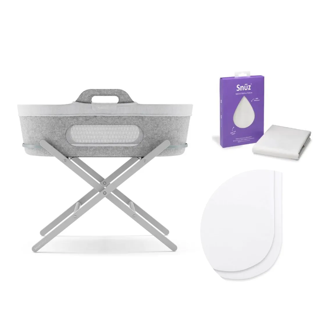 SnuzBaskit Everything Bundle - Light Grey Moses Basket & Dove Stand - Choose your sheet colour