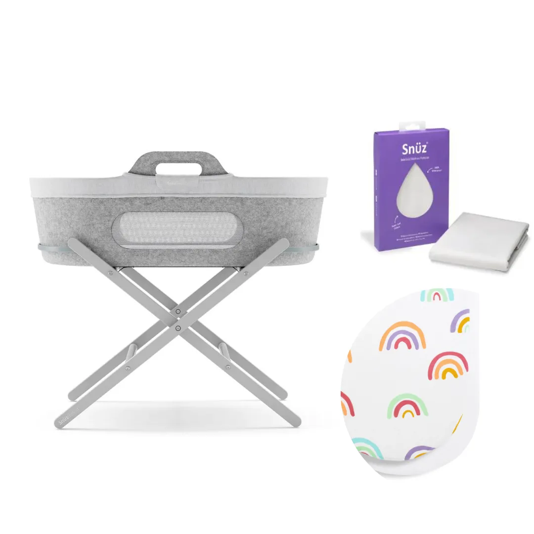 SnuzBaskit Everything Bundle - Light Grey Moses Basket & Dove Stand - Choose your sheet colour