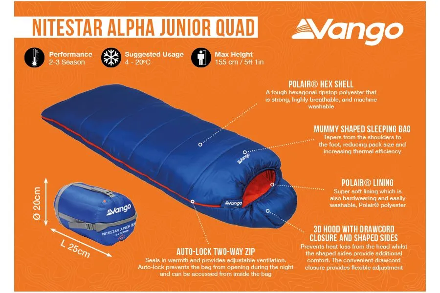 Vango Nitestar Junior QUAD Children's Sleeping Bag in Classic Blue (2-3 Season / 170cm long)